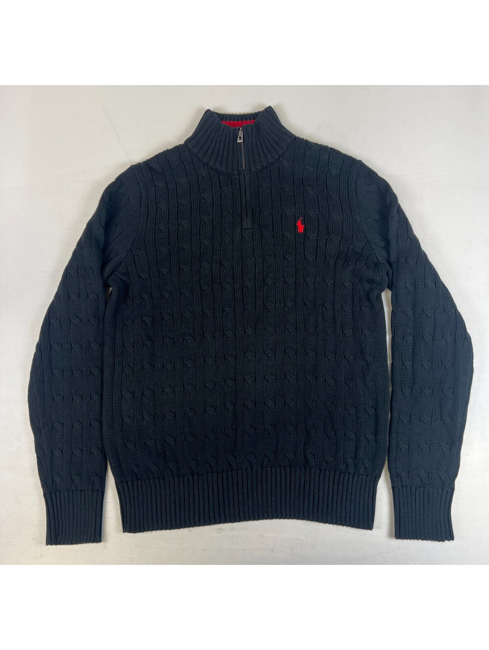 Polo Ralph Lauren Boys L Black Cotton Cable Knit Quarter Zip Pullover Sweater